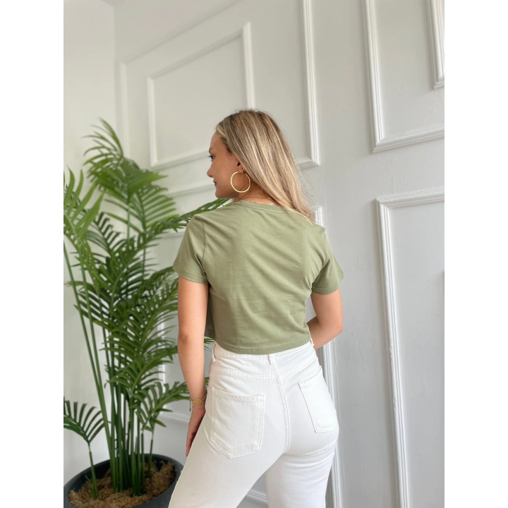 Kadın Basic Crop Tshirt Haki