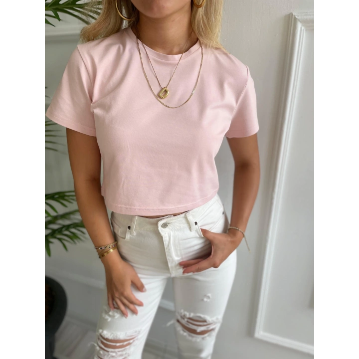 Kadın Basic Crop Tshirt Pembe