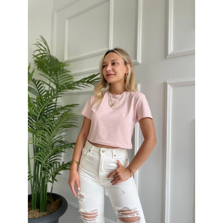 Kadın Basic Crop Tshirt Pembe