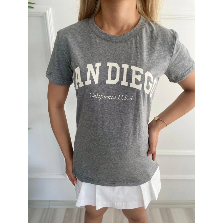 Kadın Basic Tişört San Diego Baskılı Gri
