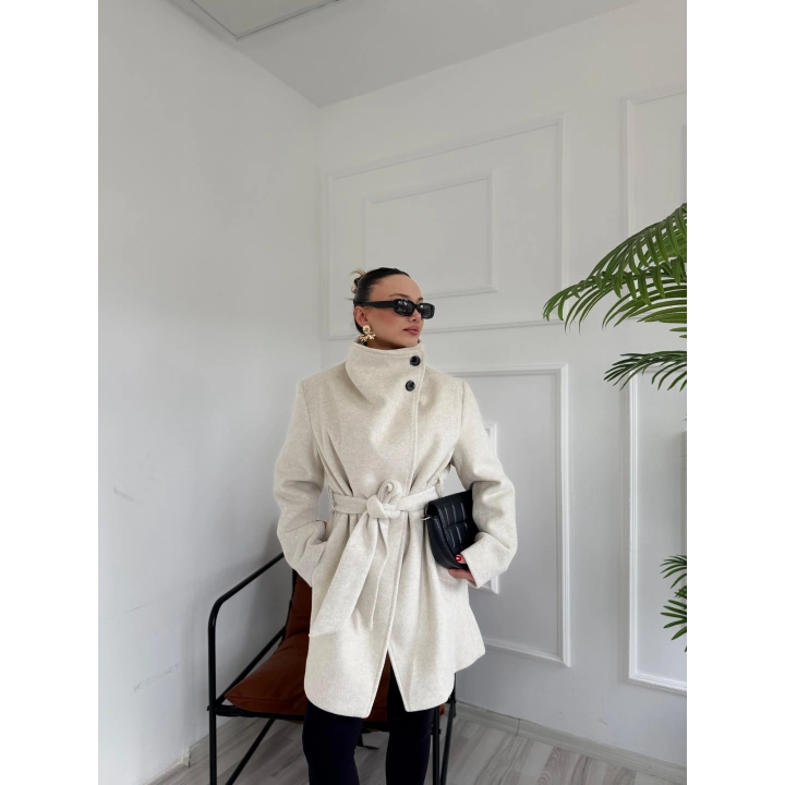 Kadın Bej Kuşaklı Kısa Kaşe Kaban