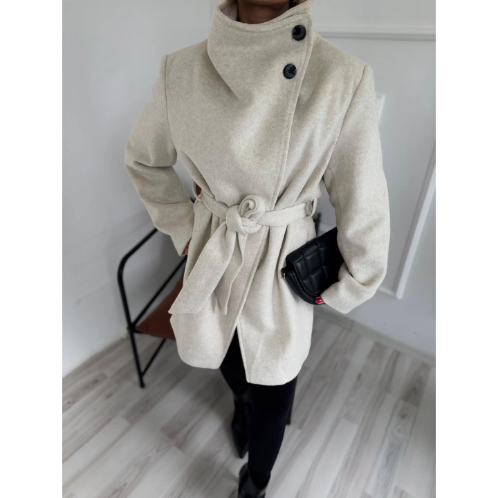 Kadın Bej Kuşaklı Kısa Kaşe Kaban