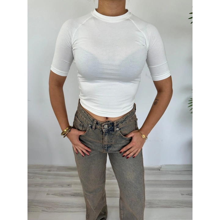Kadın Bisiklet Yaka Kısa Kollu Body Ekru