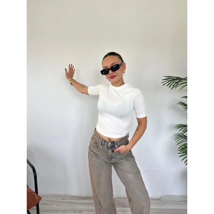 Kadın Bisiklet Yaka Kısa Kollu Body Ekru