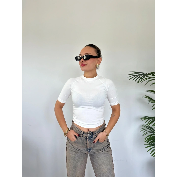 Kadın Bisiklet Yaka Kısa Kollu Body Ekru