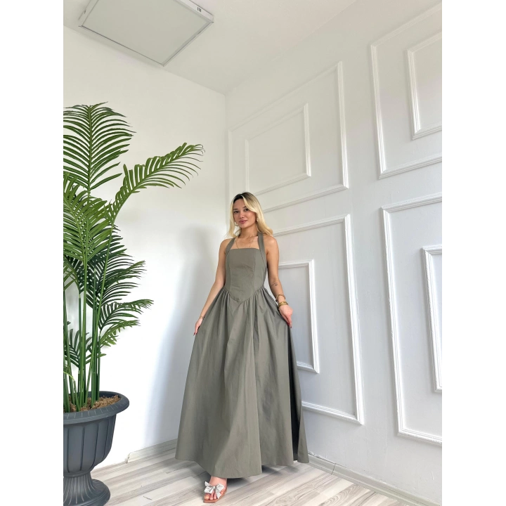 Kadın Boyundan Geçirme Detaylı Elbise Yeşil