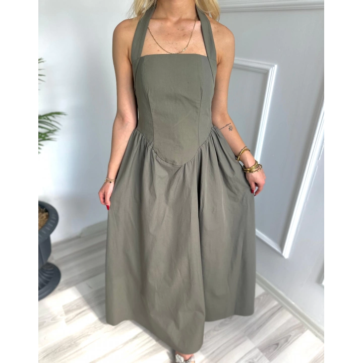 Kadın Boyundan Geçirme Detaylı Elbise Yeşil