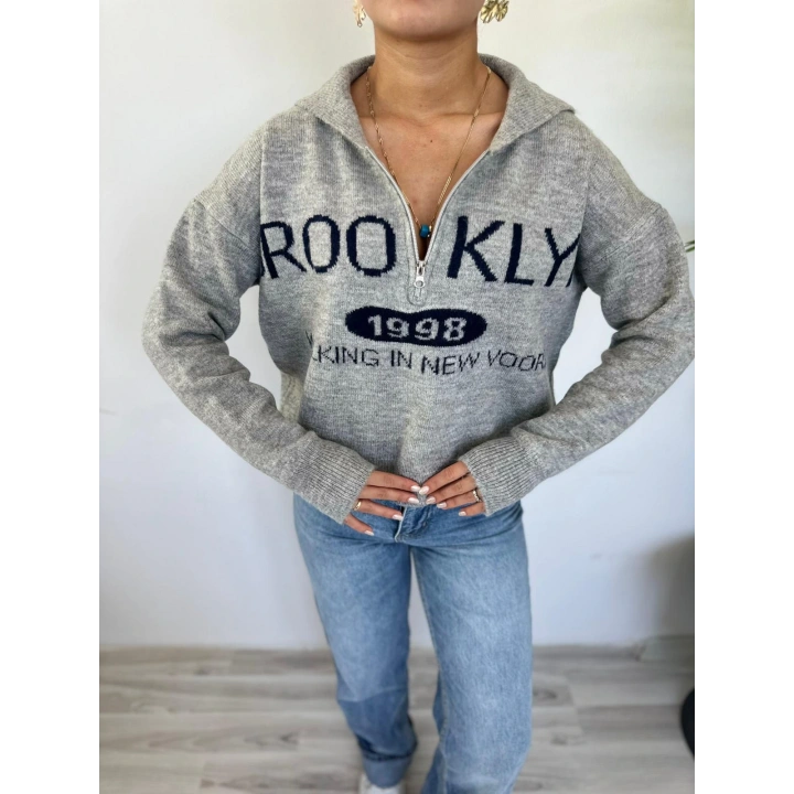 Kadın Brooklyn Baskılı Kazak Gri