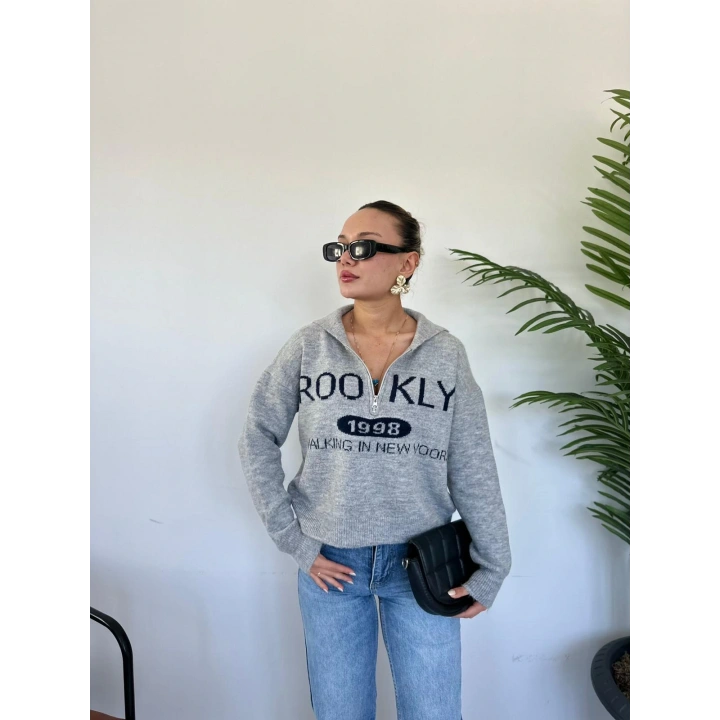 Kadın Brooklyn Baskılı Kazak Gri