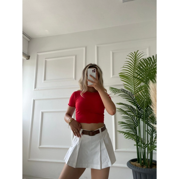 Kadın Büzgü Detaylı Crop Kırmızı Tshirt