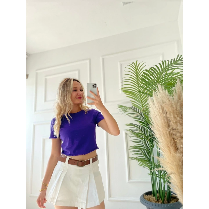 Kadın Büzgü Detaylı Crop Mor Tshirt