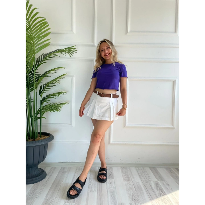 Kadın Büzgü Detaylı Crop Mor Tshirt