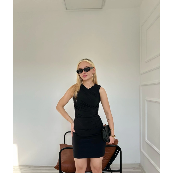 Kadın Büzgülü Elbise Siyah