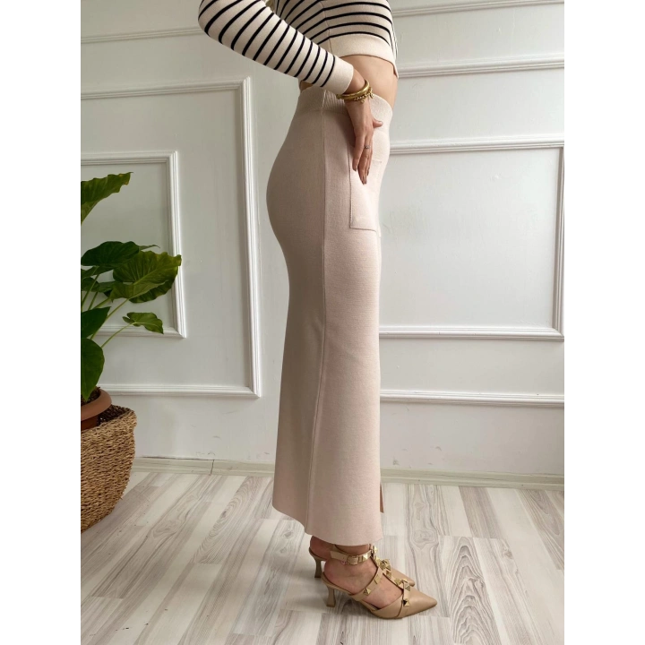 Kadın Cepli Triko Etek Krem Renk