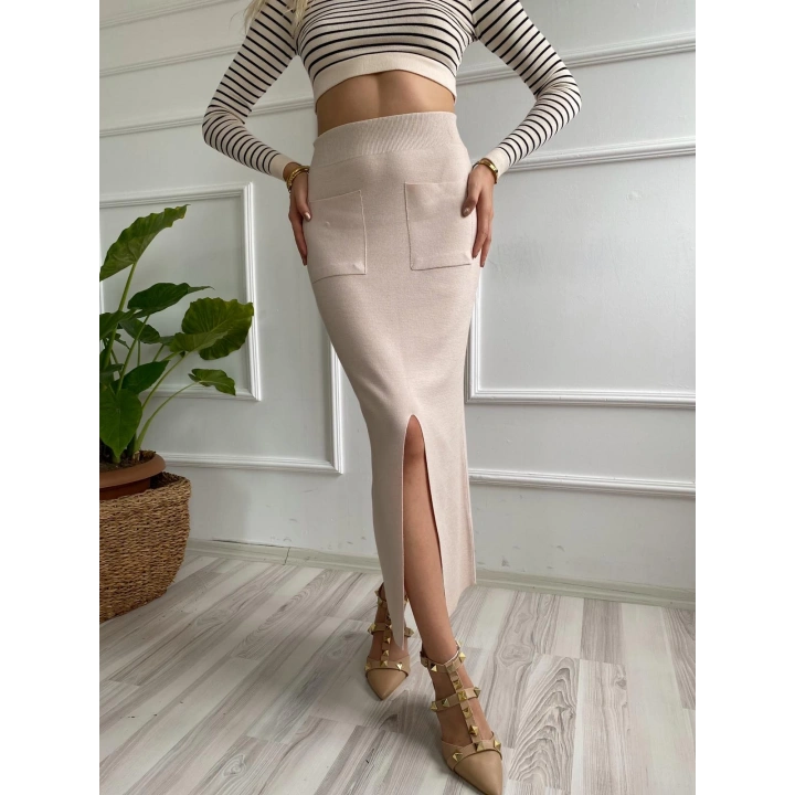 Kadın Cepli Triko Etek Krem Renk