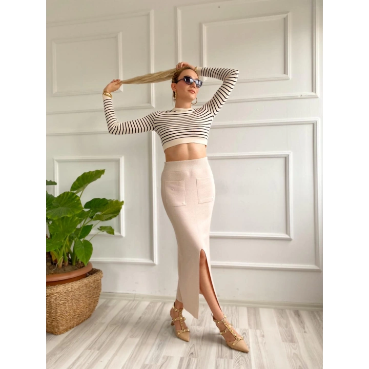 Kadın Cepli Triko Etek Krem Renk