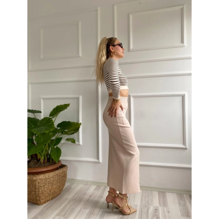 Kadın Cepli Triko Etek Krem Renk