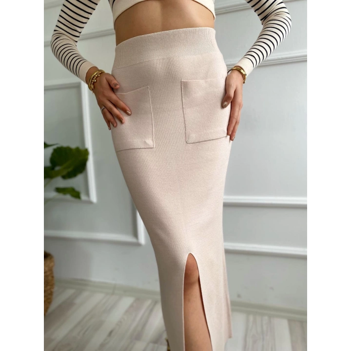 Kadın Cepli Triko Etek Krem Renk