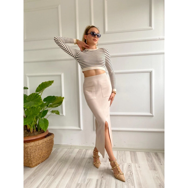 Kadın Cepli Triko Etek Krem Renk