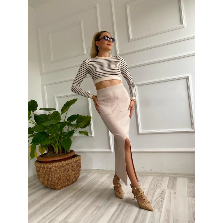 Kadın Cepli Triko Etek Krem Renk