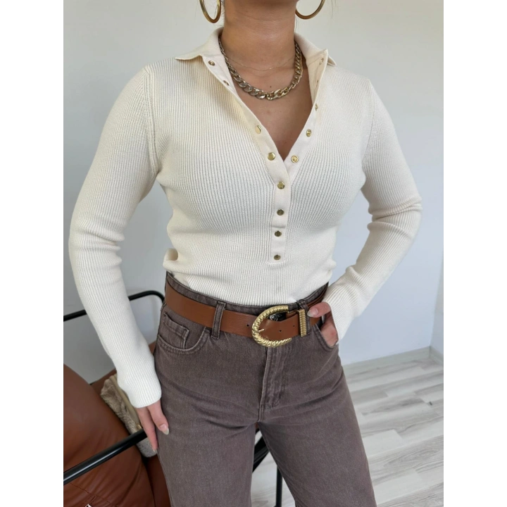 Kadın Çıtçıt Detaylı Kazak Krem