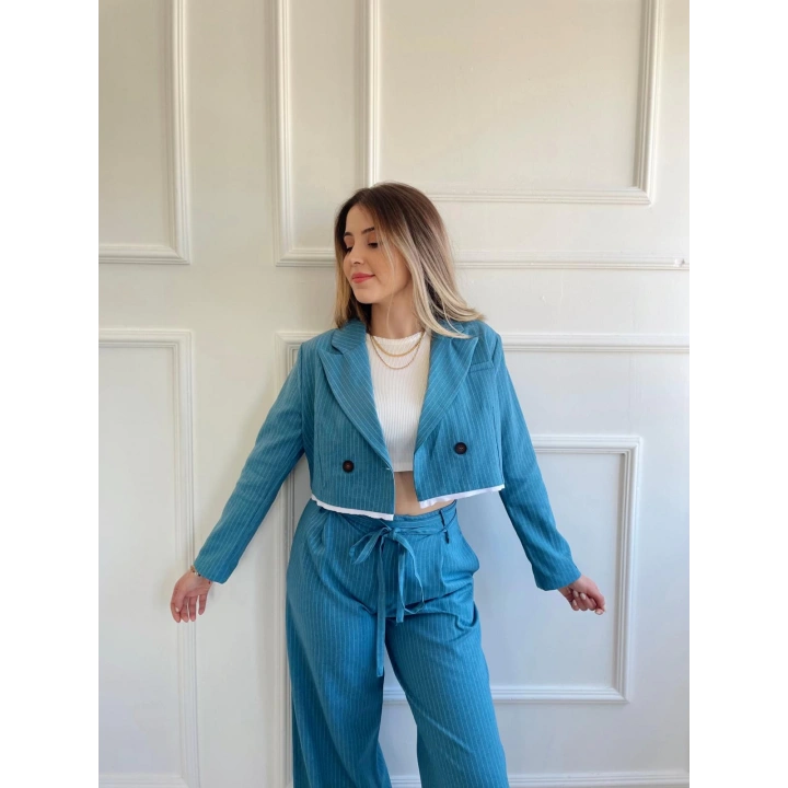 Kadın Çizgili Eteği Mavi Garnili Ceket