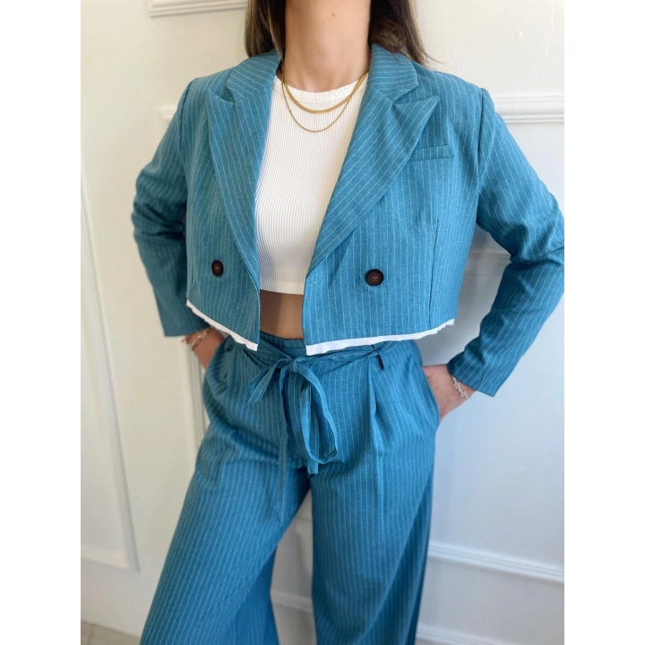 Kadın Çizgili Eteği Mavi Garnili Ceket