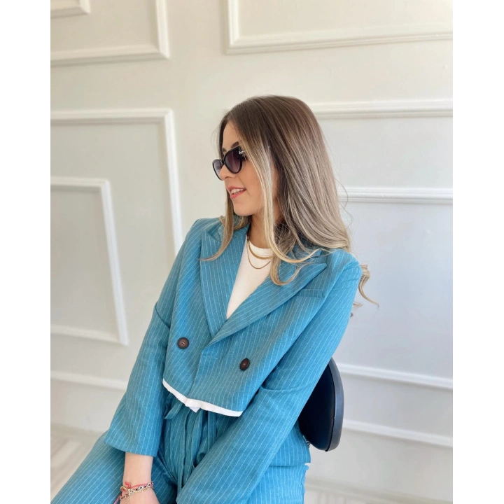 Kadın Çizgili Eteği Mavi Garnili Ceket