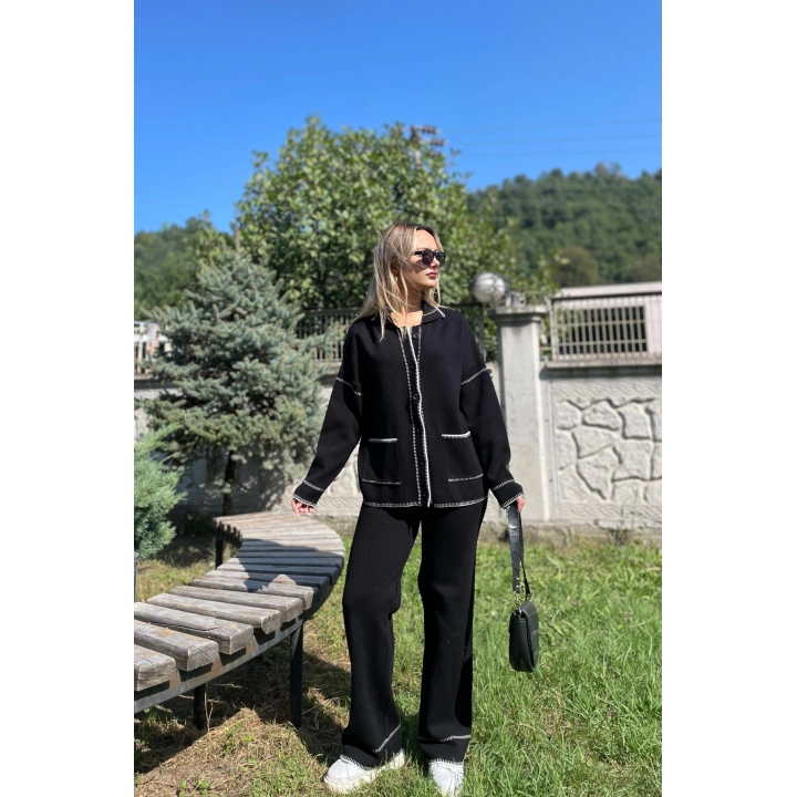 Kadın Çoban Dikişli Hırka-Pantolon Triko Takım Siyah-Ekru