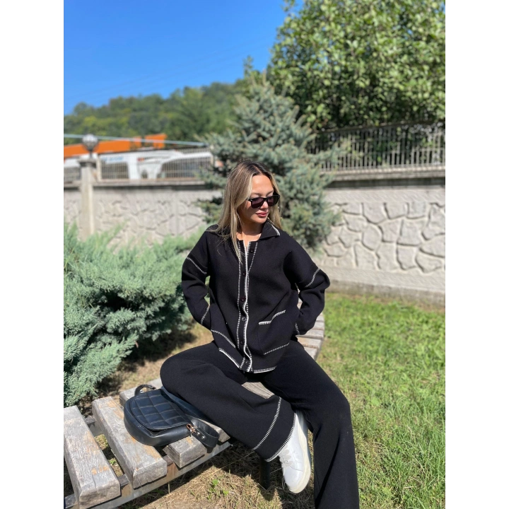 Kadın Çoban Dikişli Hırka-Pantolon Triko Takım Siyah-Ekru