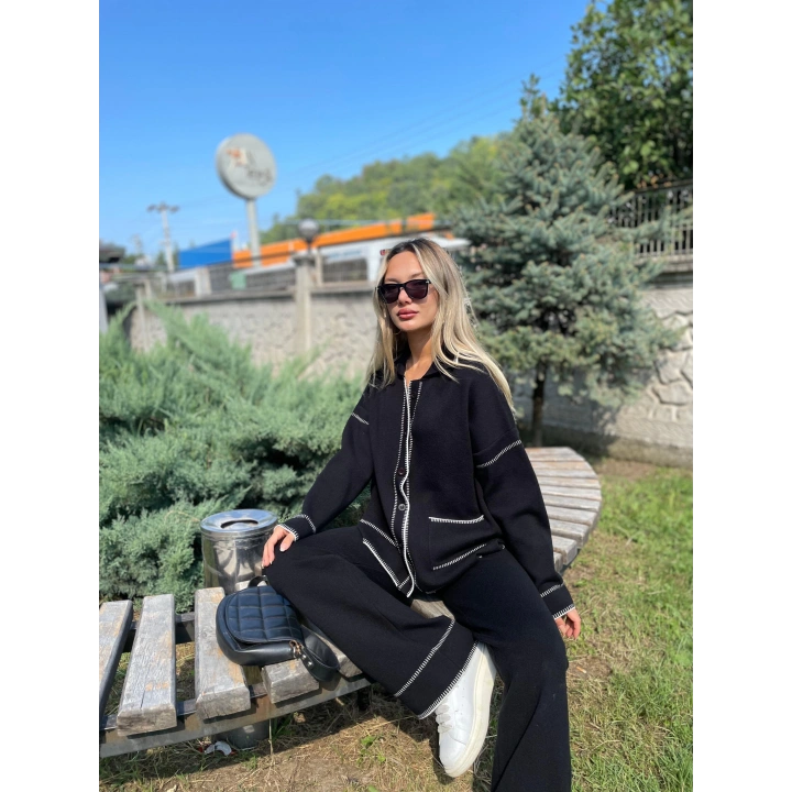 Kadın Çoban Dikişli Hırka-Pantolon Triko Takım Siyah-Ekru