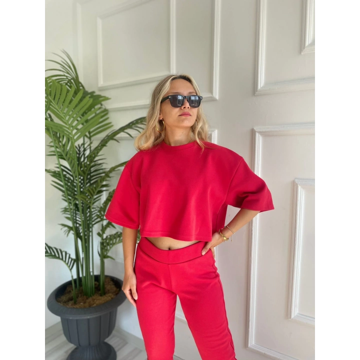 Kadın Crop Bluz Ve Kalem Pantolon İkili Takım