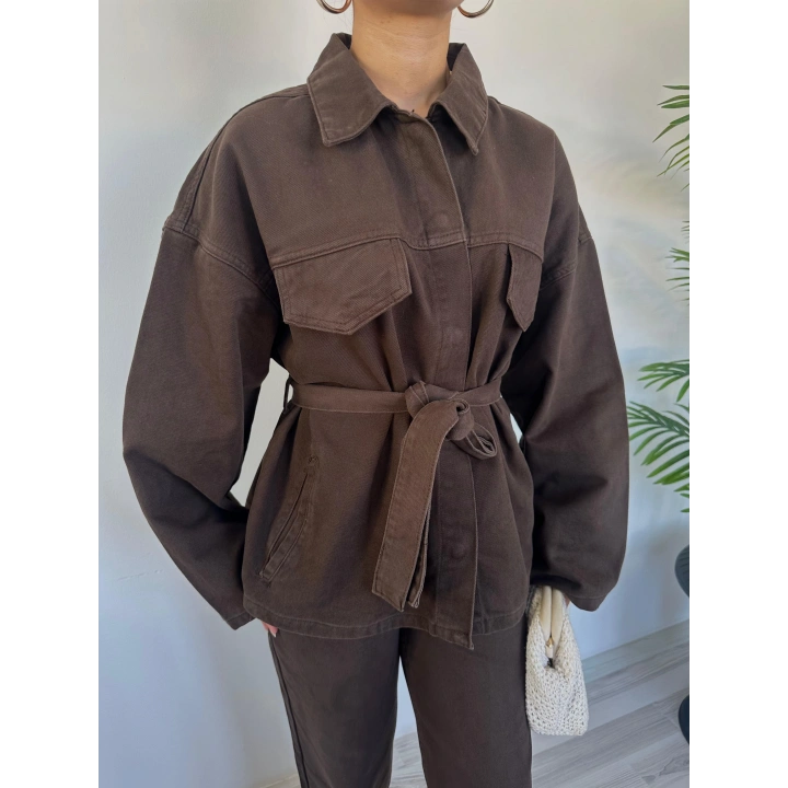 Kadın Denim Ceket Pantolon Takım Kahverengi