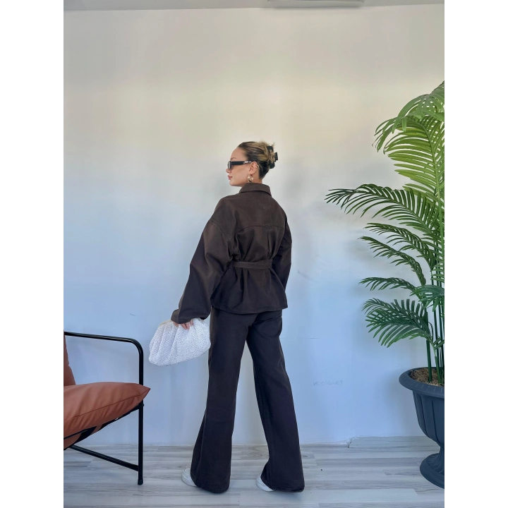 Kadın Denim Ceket Pantolon Takım Kahverengi