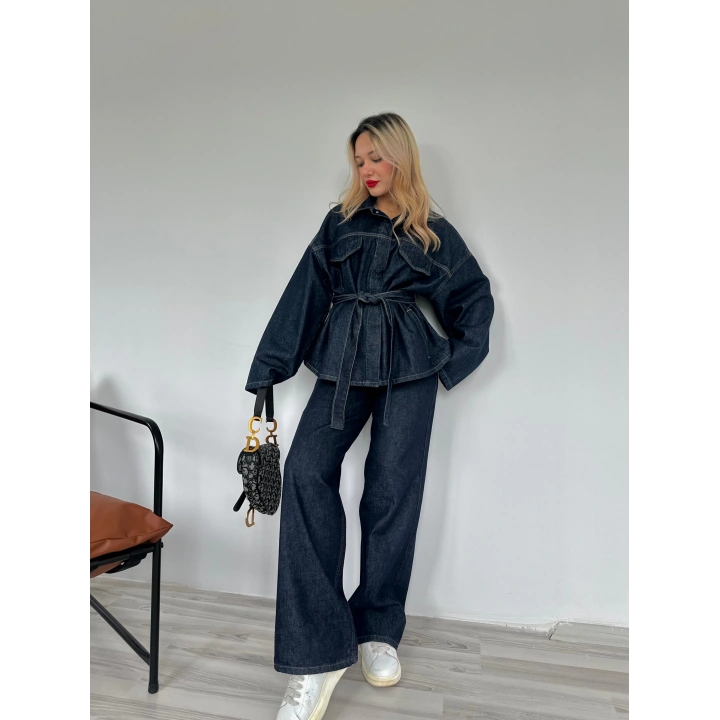 Kadın Denim Ceket Pantolon Takım Mavi