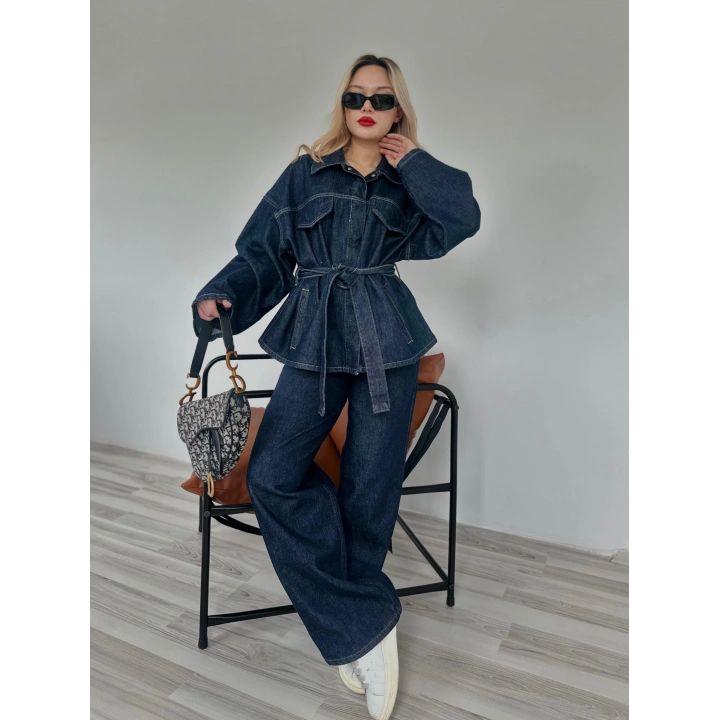 Kadın Denim Ceket Pantolon Takım Mavi
