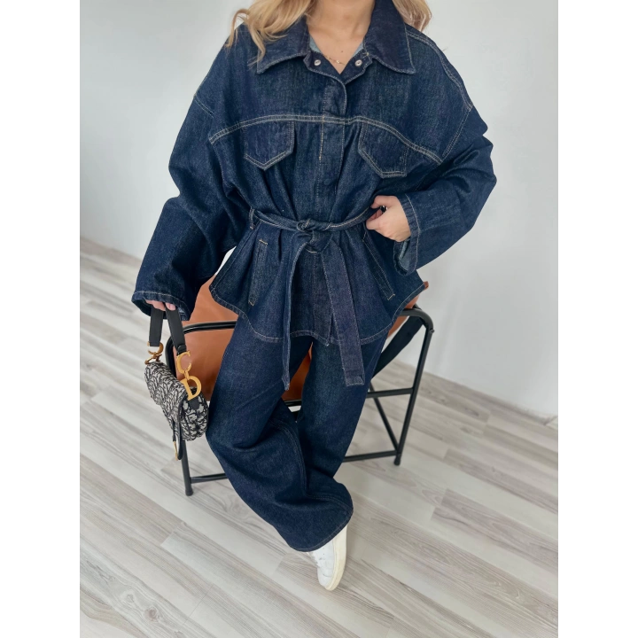 Kadın Denim Ceket Pantolon Takım Mavi