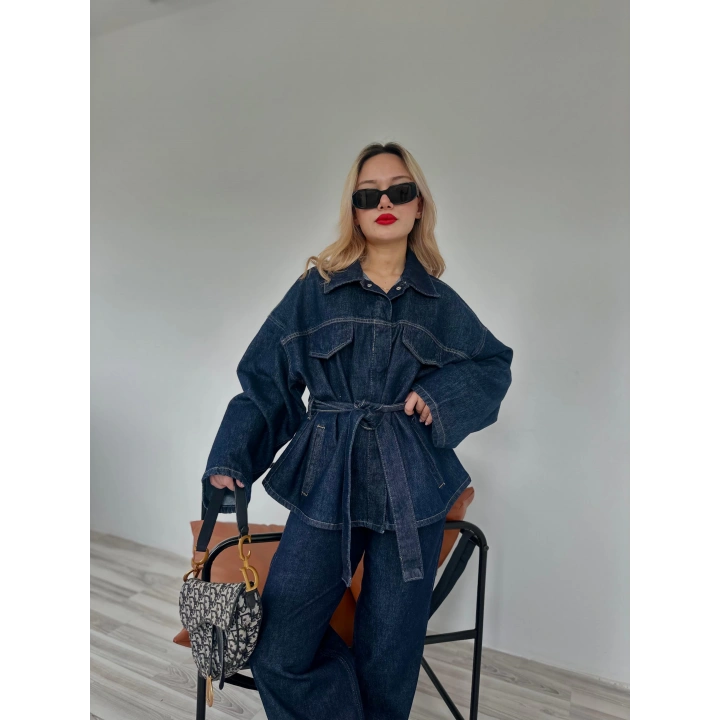 Kadın Denim Ceket Pantolon Takım Mavi