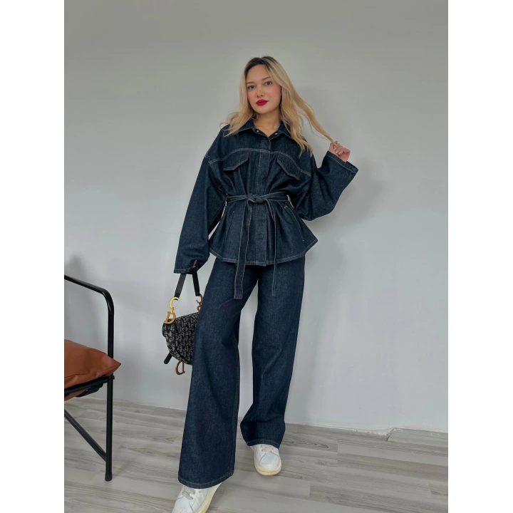 Kadın Denim Ceket Pantolon Takım Mavi