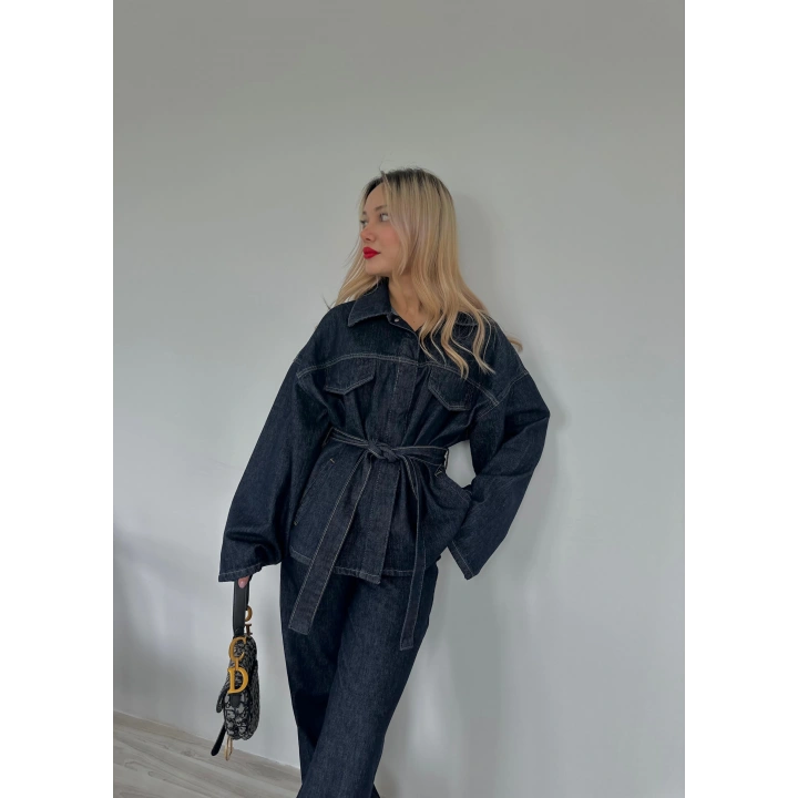 Kadın Denim Ceket Pantolon Takım Mavi