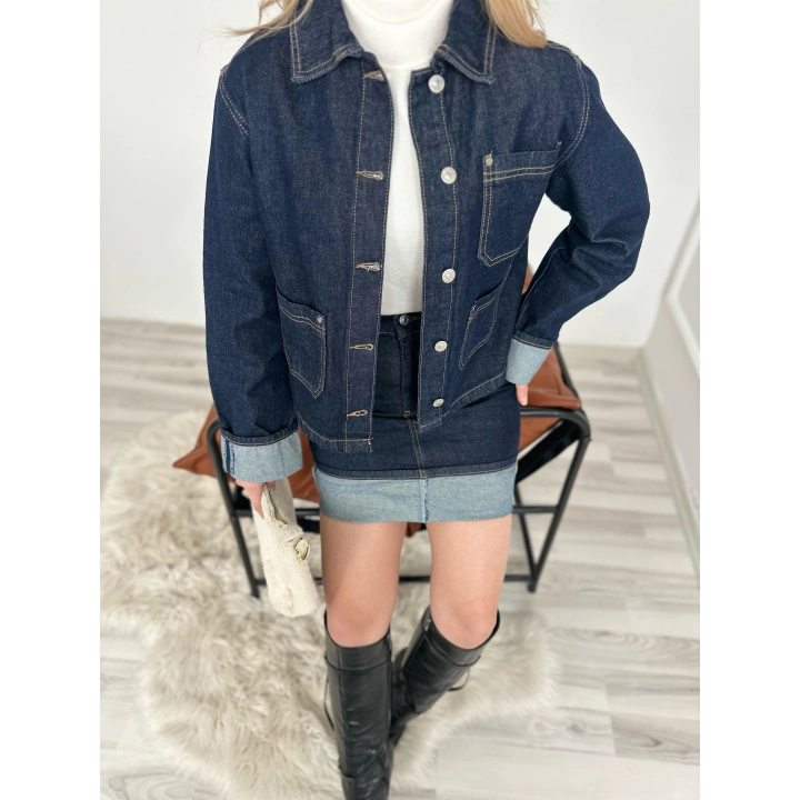 Kadın Denim Etek Ceket Takım Mavi