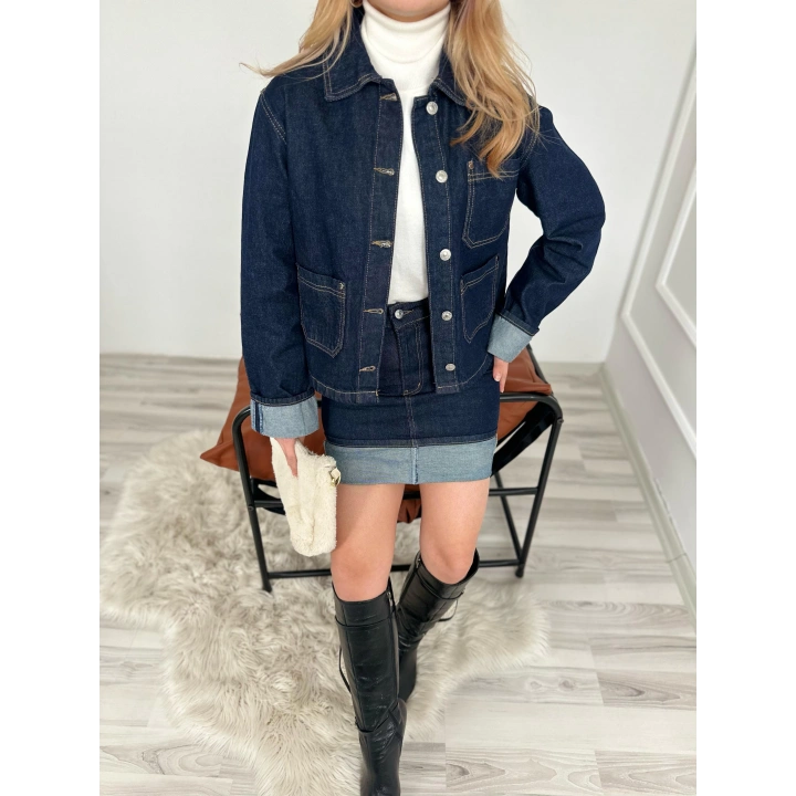 Kadın Denim Etek Ceket Takım Mavi