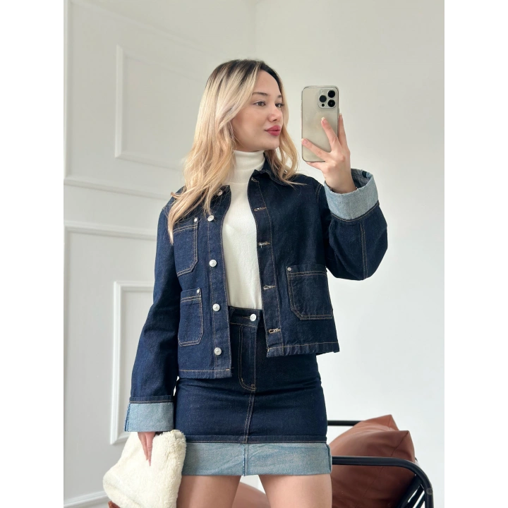 Kadın Denim Etek Ceket Takım Mavi