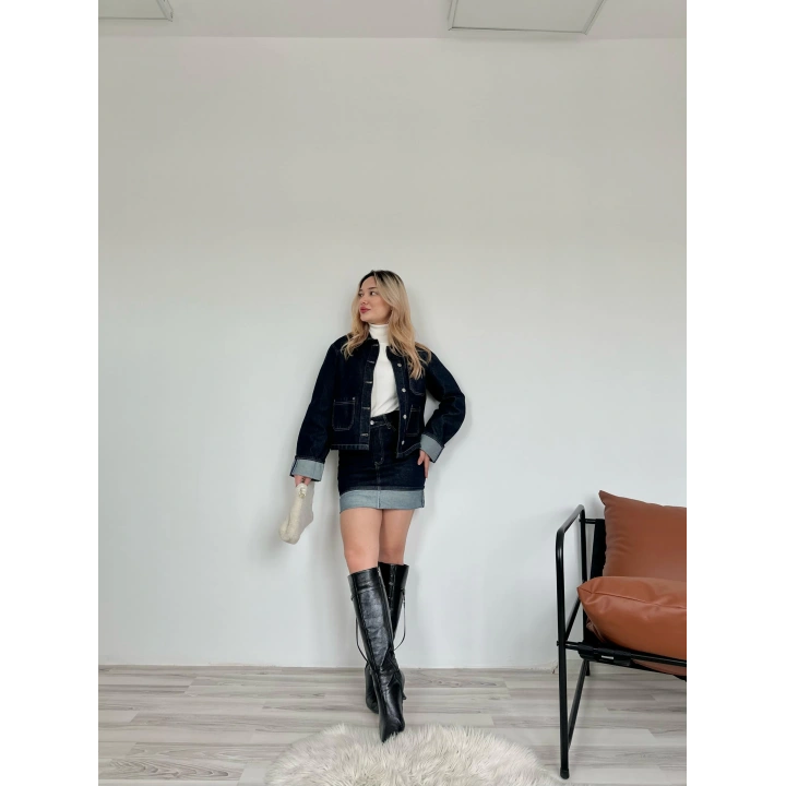 Kadın Denim Etek Ceket Takım Mavi