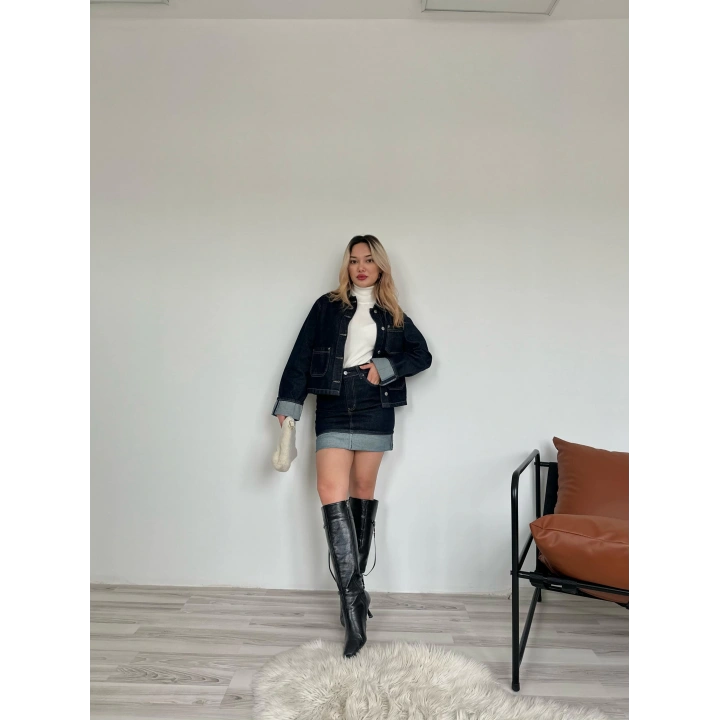 Kadın Denim Etek Ceket Takım Mavi