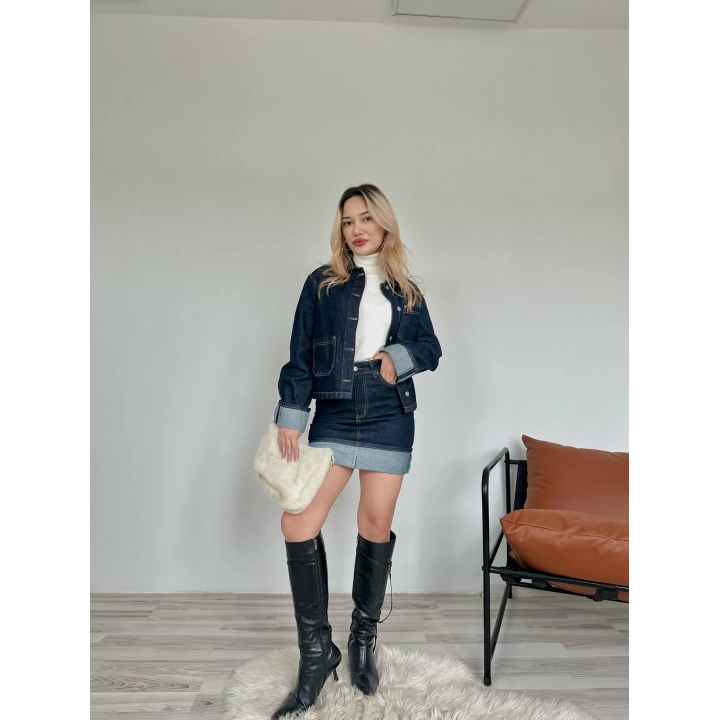 Kadın Denim Etek Ceket Takım Mavi