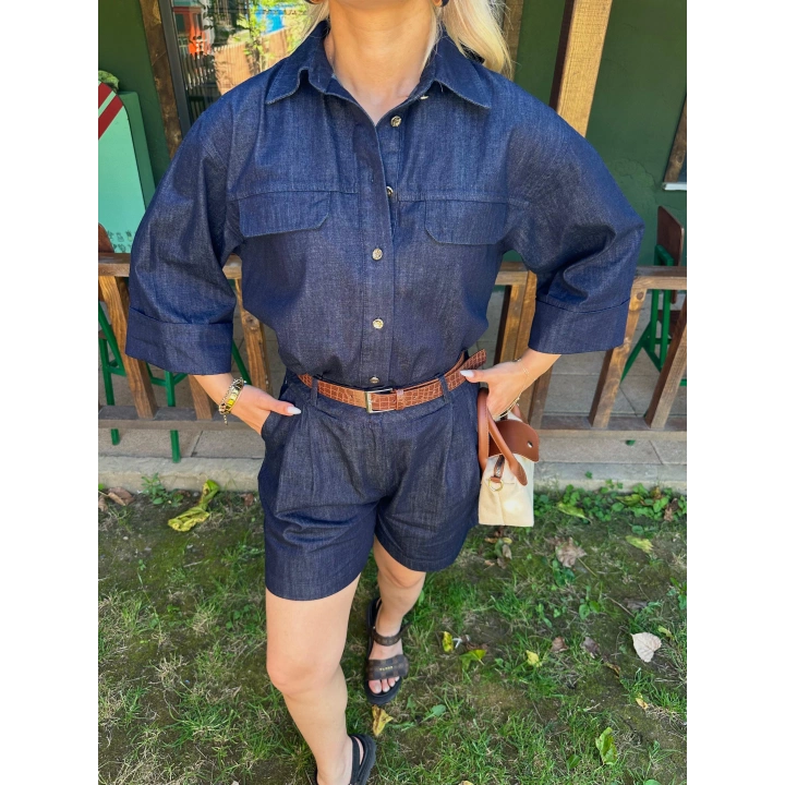 Kadın Denim Gömlek Şort Takım Lacivert