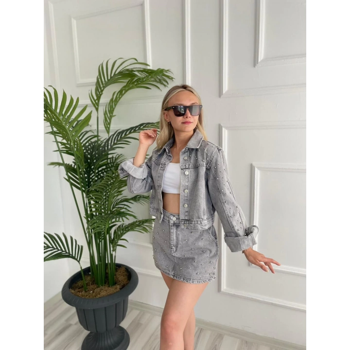 Kadın Denim İnci Detaylı Etek Ve Ceket İkili Takım Antrasit