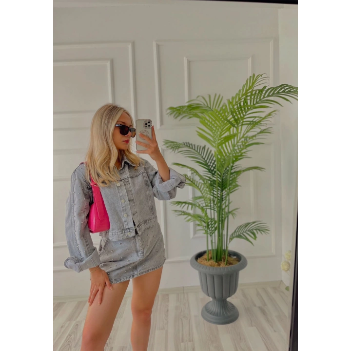 Kadın Denim İnci Detaylı Etek Ve Ceket İkili Takım Antrasit