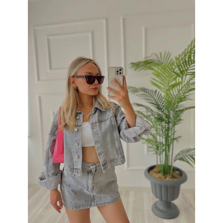 Kadın Denim İnci Detaylı Etek Ve Ceket İkili Takım Antrasit